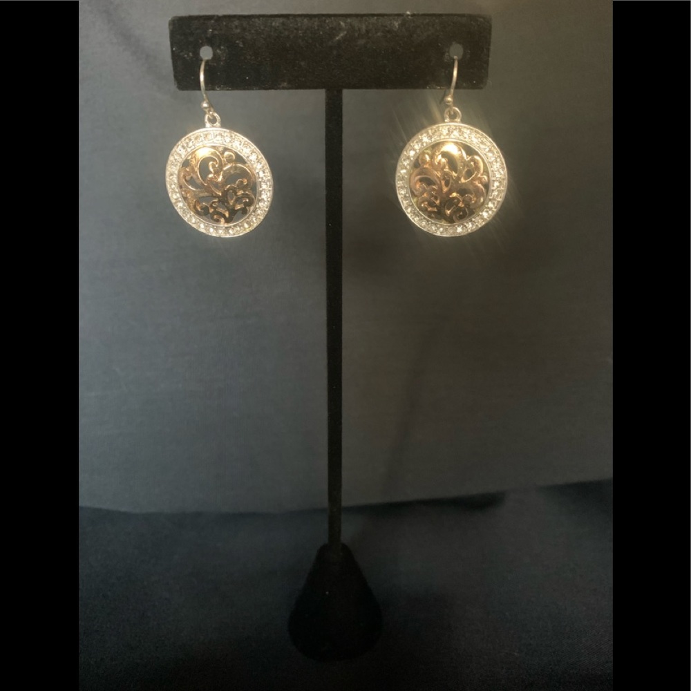 Round decorative pierced earrings, outlined in rhinestones. Excellent Condition